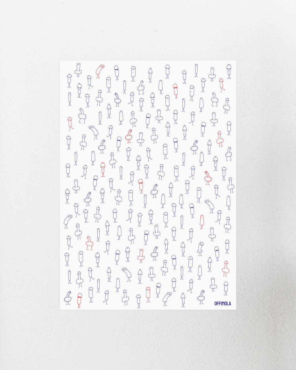 Blau/rote handgezeichnete stark vereinfachte zahlreiche Glieder in verschiedensten Ausführungen, auf weißem Hintergrund. alle pimmelformen sind schön