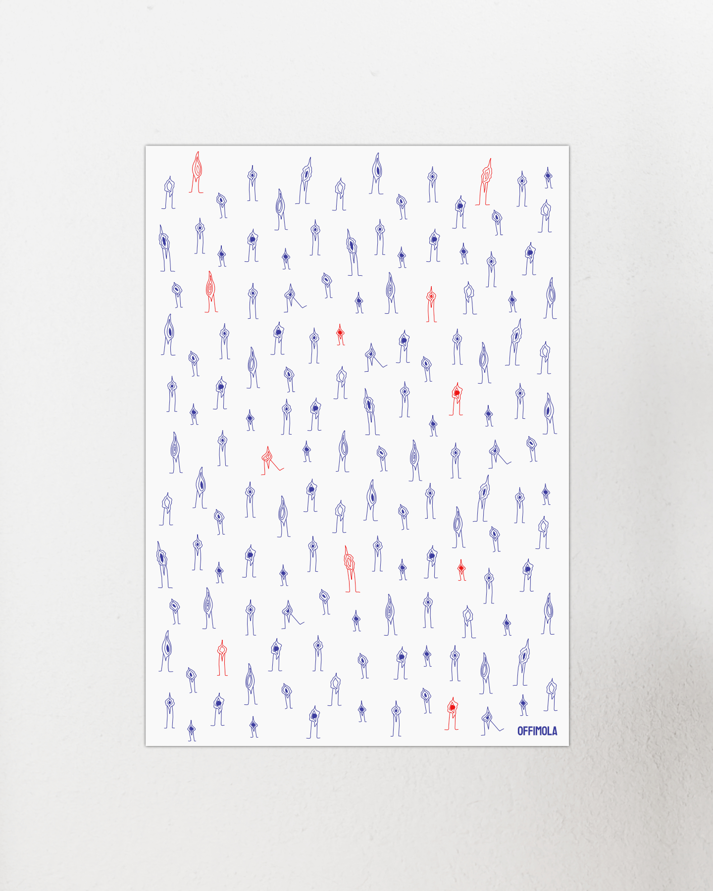 flächendeckend angeordnet eine vielzahl an vulvas, line-art gezeichnet in rot und blau abwechselnd feministischer Kunstdruck, alle Vulvas sind schön