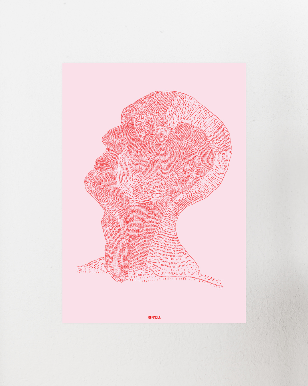 ein aus feinen linien sich zusammensetzender abstrahierter kopf, rosa hintergrund, rote striche, line art