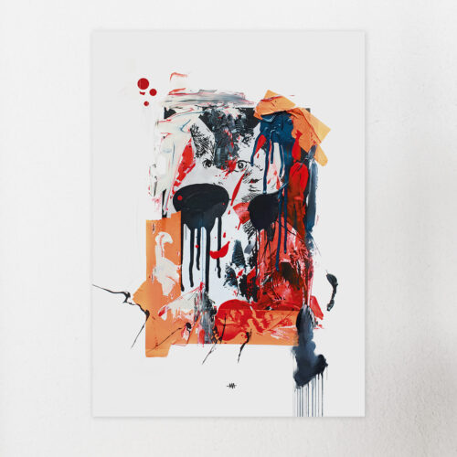 Kunstdruck in kräftigen neon orange und rot-tönen, der von schwarzen akzenten durchbrochen wird.