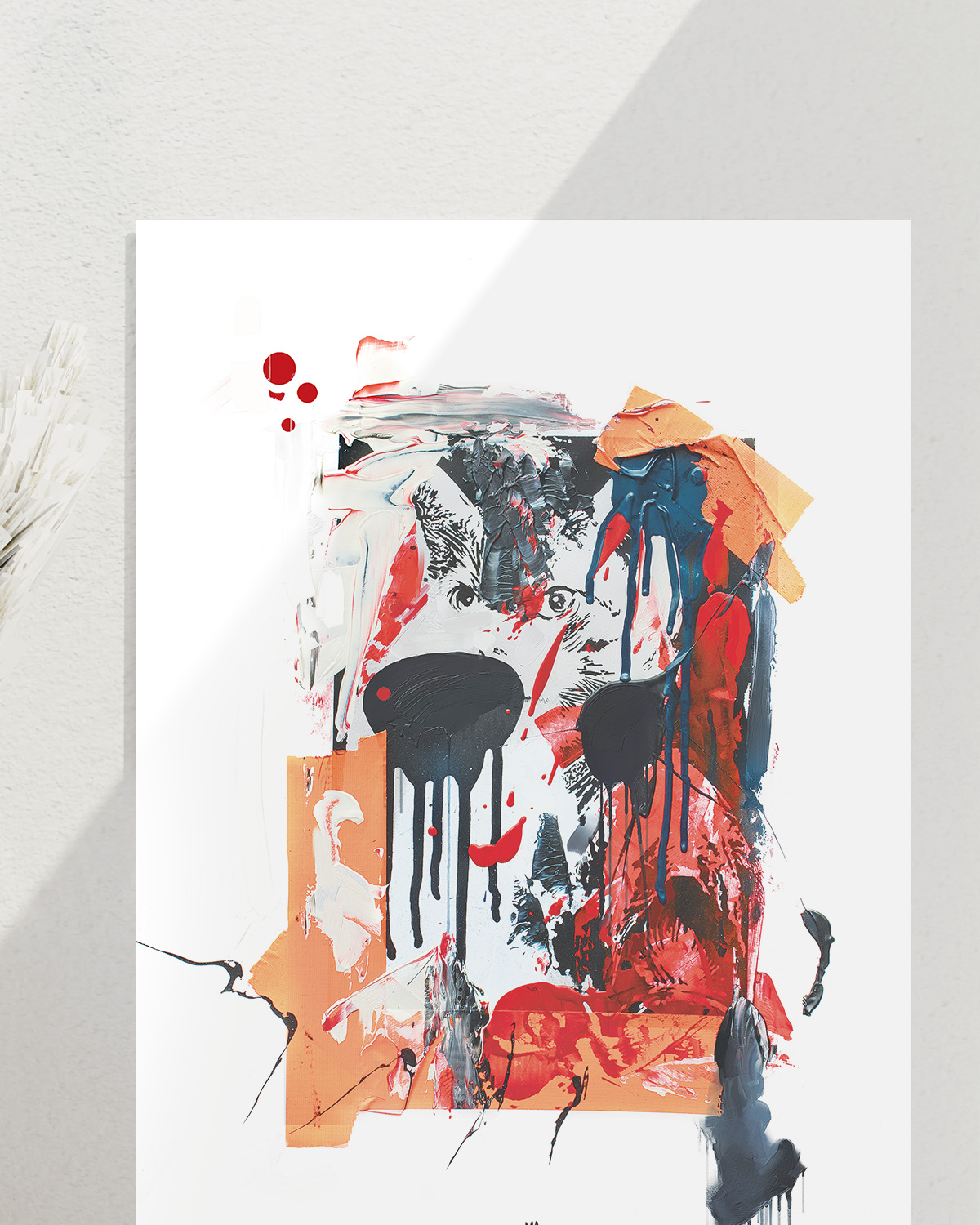 nahaufnahme des Kunstdrucks von paul mango, welcher eine übermalte Katze in kräftigen neon orange und rot-tönen zeigt. Dunkle Akzente geben dem Bild die nätige tiefe.