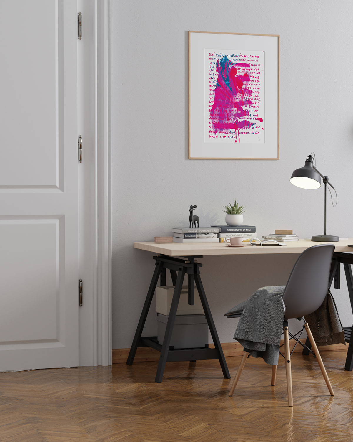 Der typographische Kunstdruck, samsa macht blau von paul mango in einem holzrahmen mit passepartout.