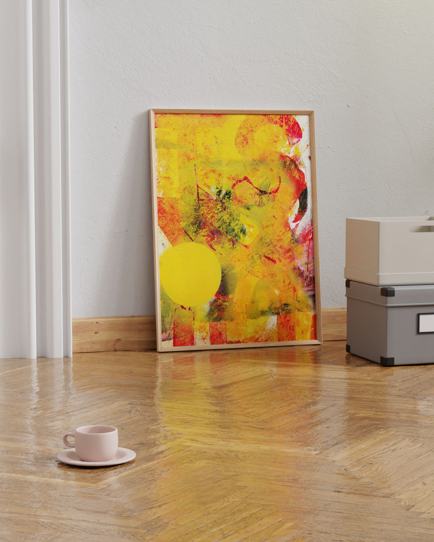 der gerahmte Kunstdruck systemik von paul mango erstrahlt hier in wundervollen gelb und Rot-Ton. Was ist ein Rot-Ton fragt sich der geneigte Altleser, aber dies ist eine Geschichte für ein anderes mal.