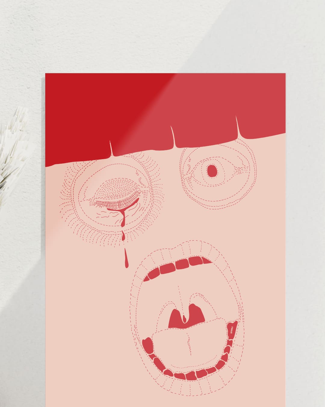 Close up von rot gestricheltes schreiendes Gesicht mit einem offenen und einem geschlossenen Auge und offenem Mund. Rot auf lachsfarbenem Hintergrund in line art gestichelt.