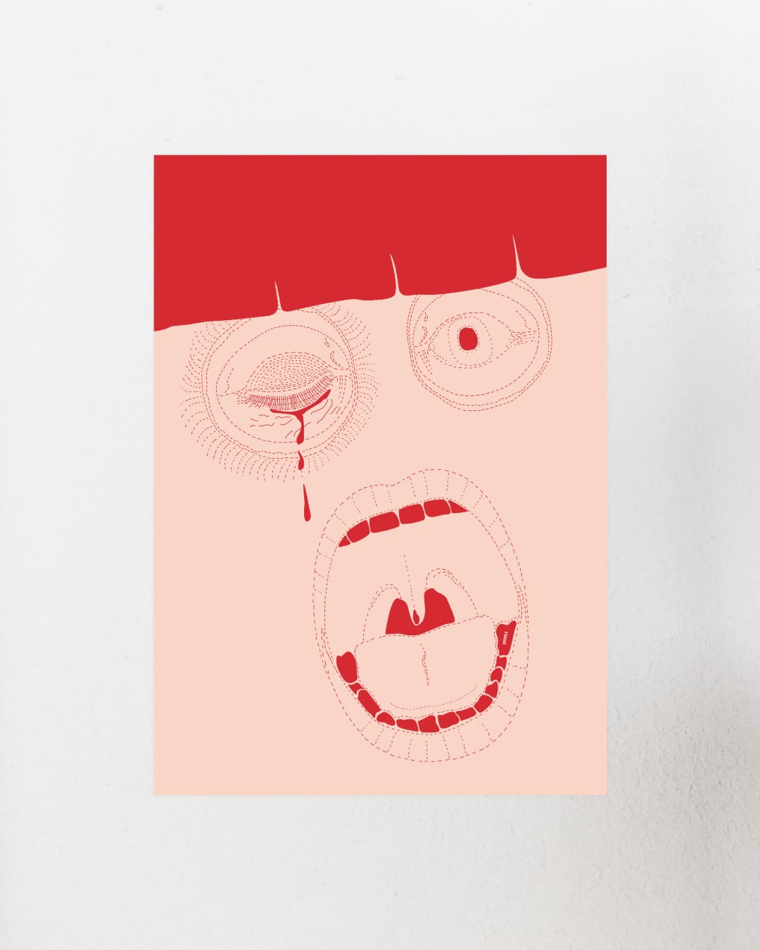 Rot gestricheltes schreiendes Gesicht mit einem offenen und einem geschlossenen Auge und offenem Mund. Rot auf lachsfarbenem Hintergrund in line art gestichelt.