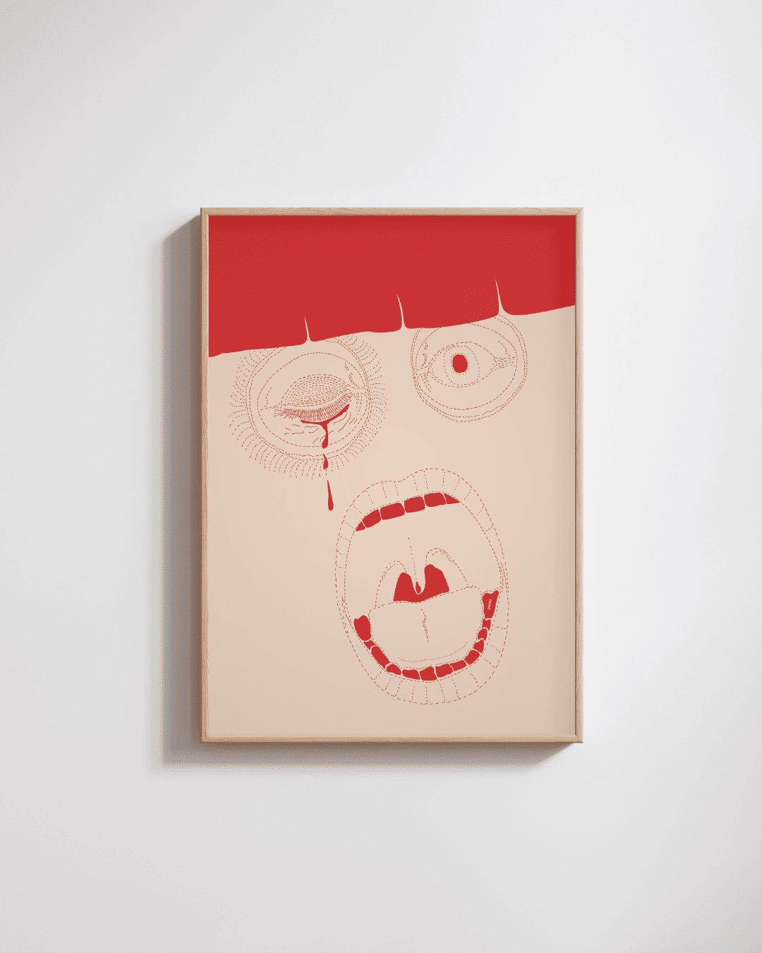 Rot gestricheltes schreiendes Gesicht mit einem offenen und einem geschlossenen Auge und offenem Mund. Rot auf lachsfarbenem Hintergrund in line art gestichelt. Kunstdruck gerahmt.