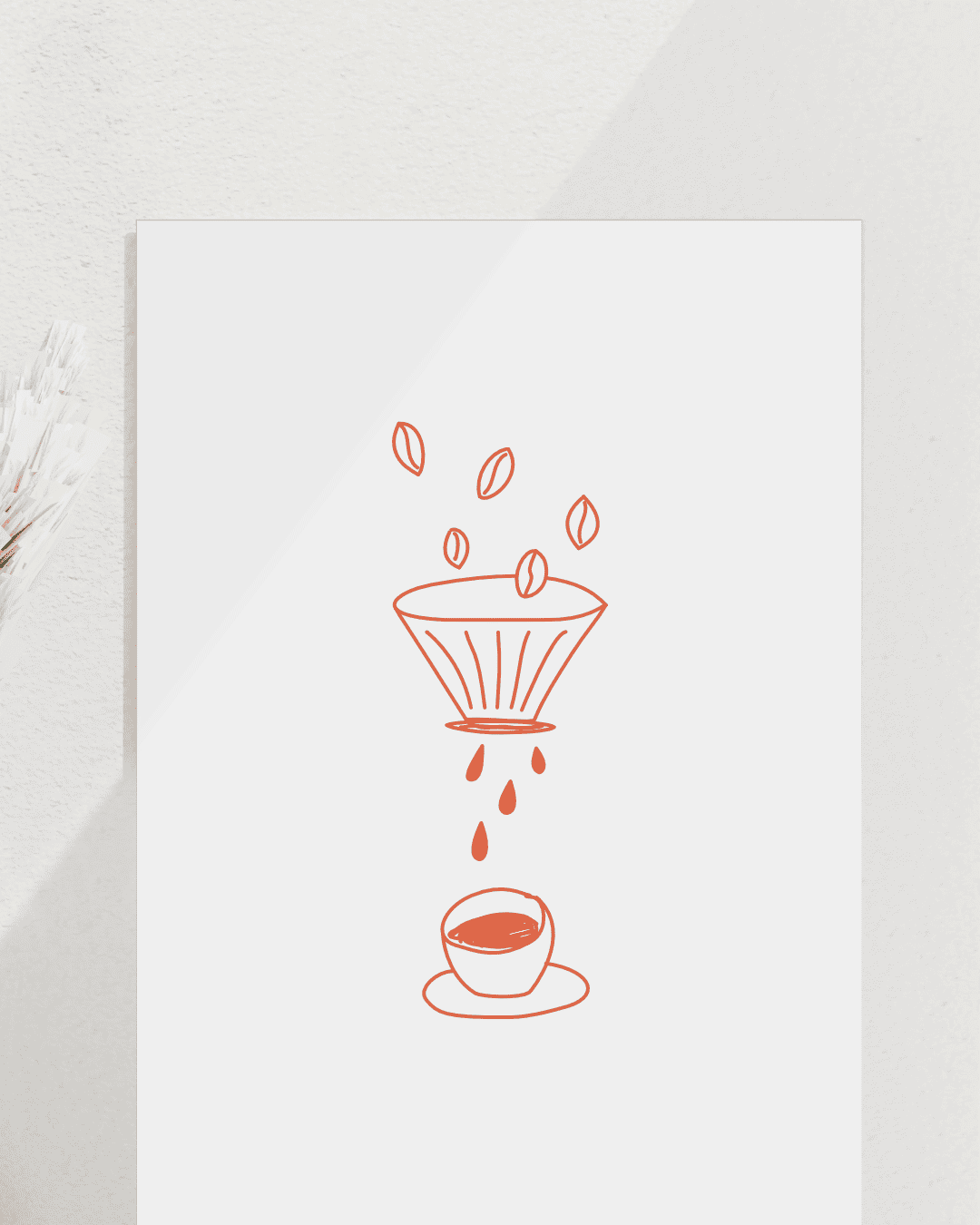 Ein abstrahiertes Caffeetasse in die durch einen Kaffefilter kaffebohnen zu tropfen werden. Line Art Stil Rot auf weißem Hintergrund. Kunstdruck gerahmt close up.