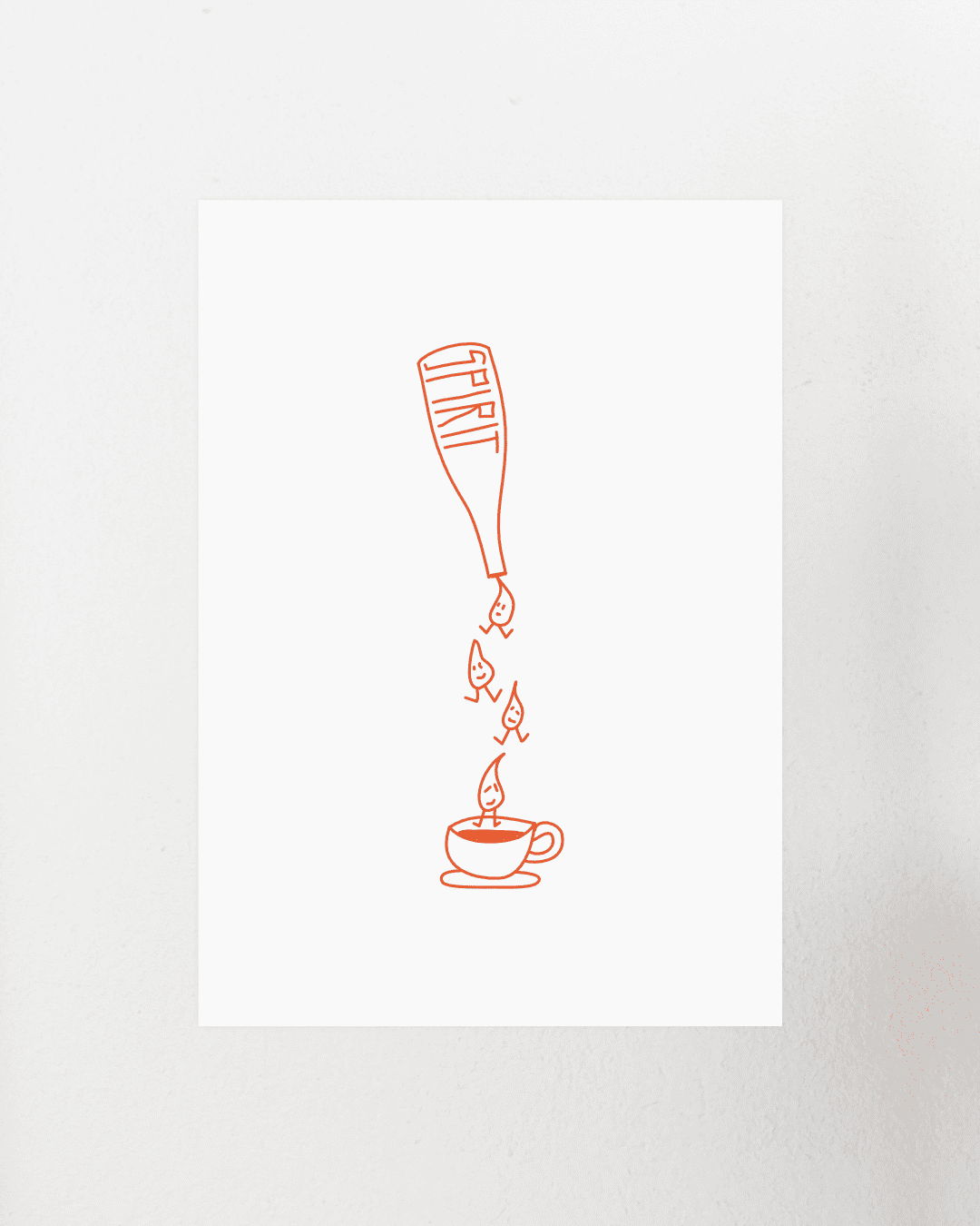 Abstrahierte Schnapsflasche die fröhliche tröpfchen in eine Kaffeetasse giesst. In der Flasche der Text: Spirit. Line Art Stil Rot auf weißem Hintergrund. Kunstdruck.