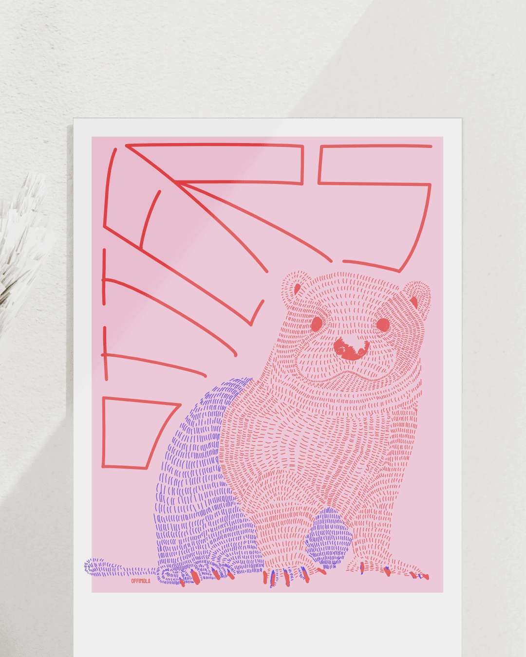 Rot/blau gestrichelter Otter mit dem abstrakt formatierten Text: Otters. Hintergrund rosa. Kunstdruck close up.