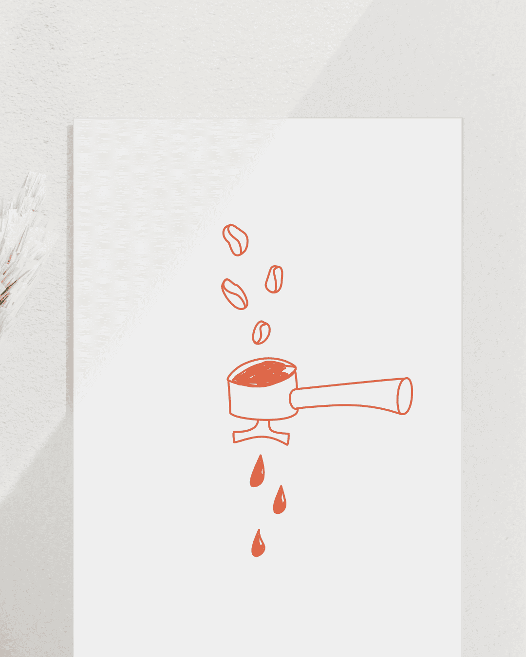 Ein abstrahierter Siebträger Kaffeebohnen tropfen durch den Sieb und kommen unten als Kaffeetropfen raus. Line Art Stil Rot auf weißem Hintergrund. Kunstdruck close up.