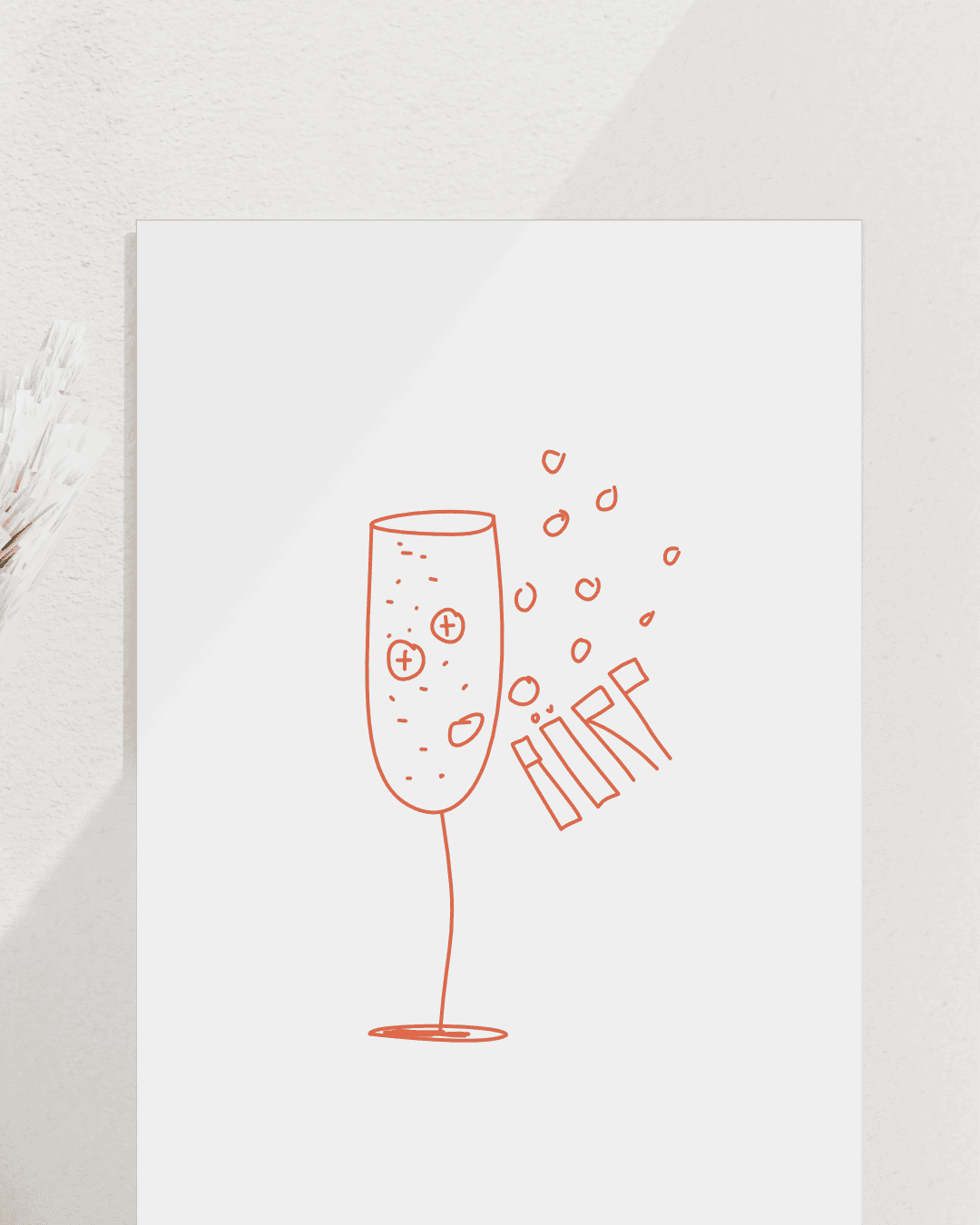Ein abstrahiertes Sektglas das Rülpst. Daneben der Text: Börp. Line Art Stil Rot auf weißem Hintergrund. Kunstdruck close up.