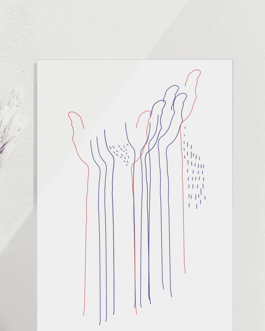 Rot/blaue gestrichelte linien, der Umriss einer Hand ist sichtbar. Hintergrund weiß. Kunstdruck close up.