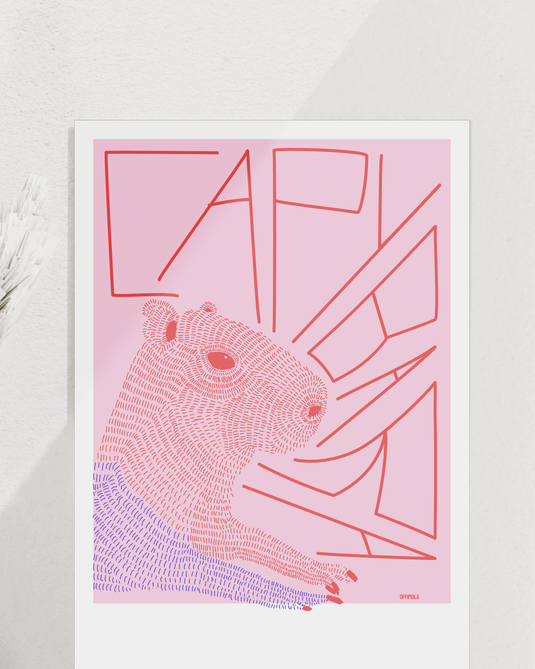Rot/blau gestricheltes capybara, mit dem abstrakt formatierten Text: Capybara. Hintergrund rosa. Kunstdruck close up.