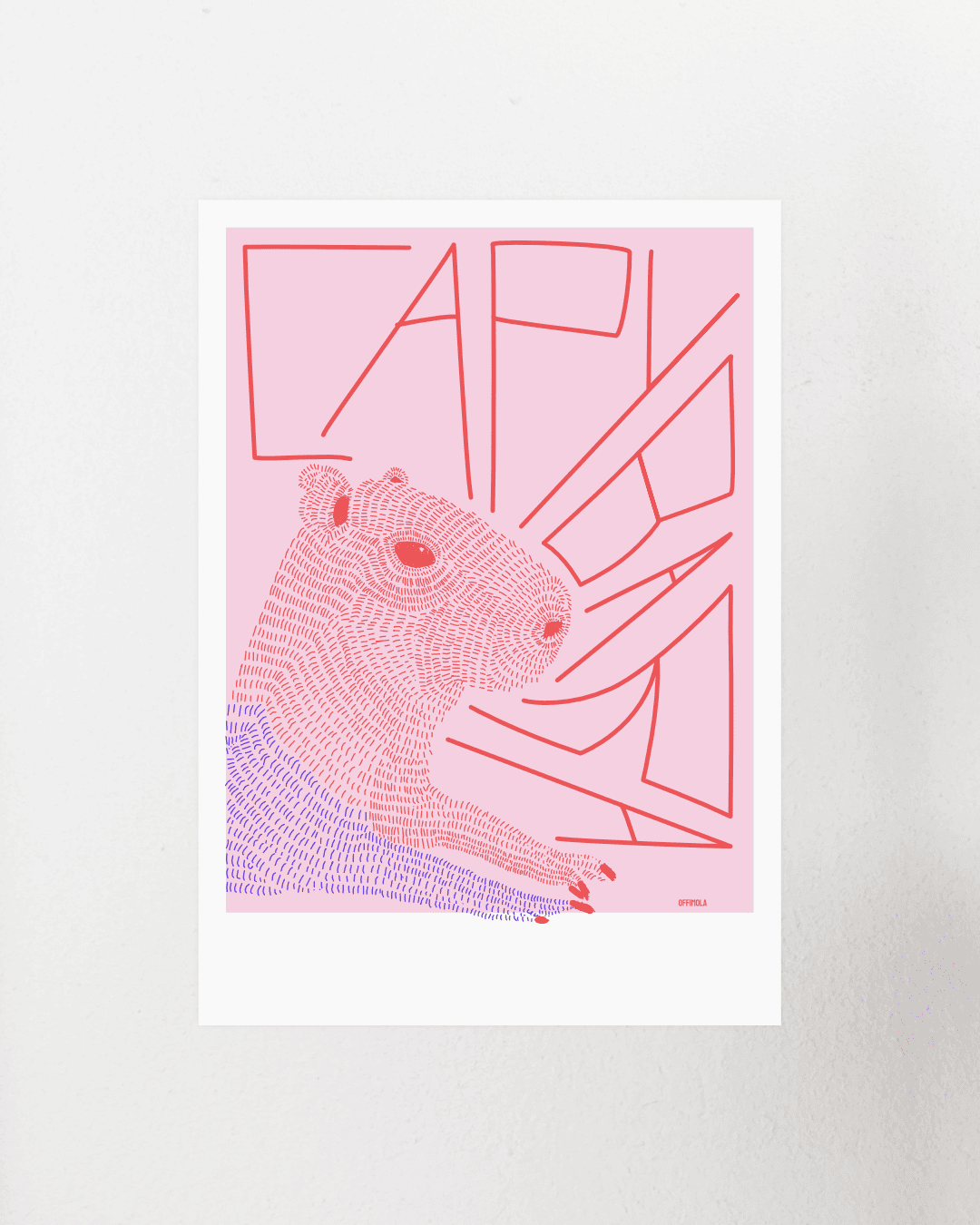 Rot/blau gestricheltes capybara, mit dem abstrakt formatierten Text: Capybara. Hintergrund rosa. Kunstdruck.