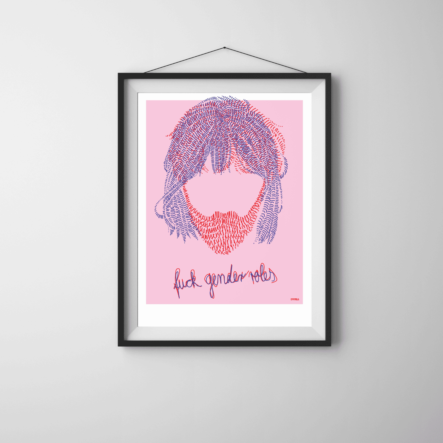 Blau/rot gestrichelter Kopf mit Pagen Frisur und Bart. Darunter in Schreibschrift der Text fuck genderroles. Ein echter vandrangl Kunstdruck.