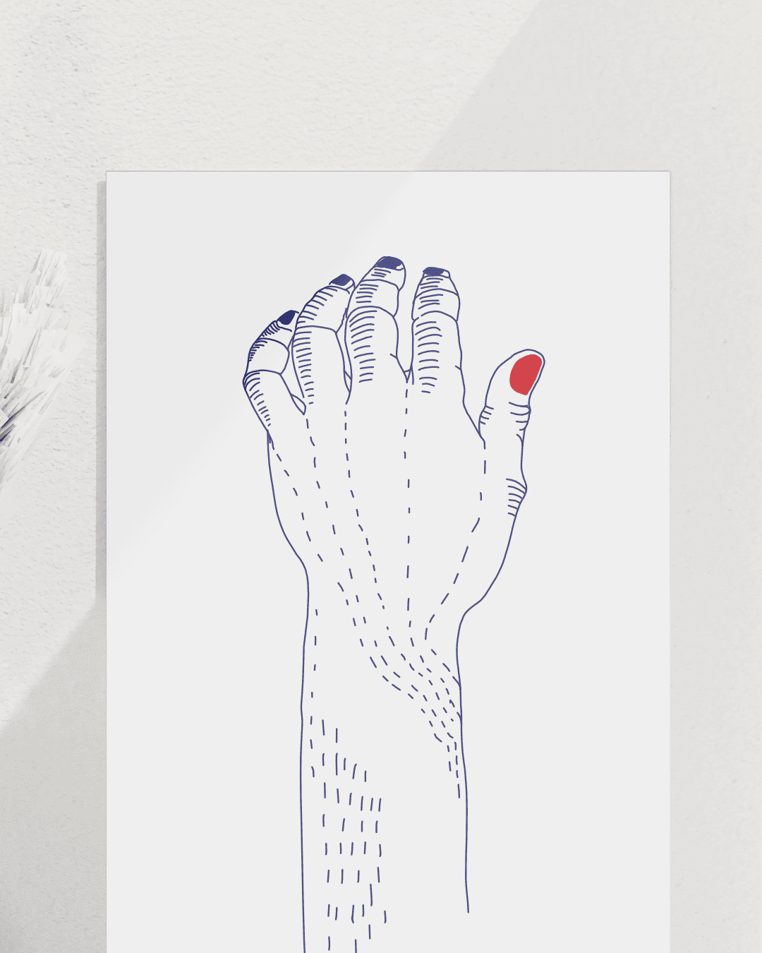 Rot/blaue gestrichelte abstrahierte Hand mit Arm. Hintergrund weiß. Kunstdruck close up.