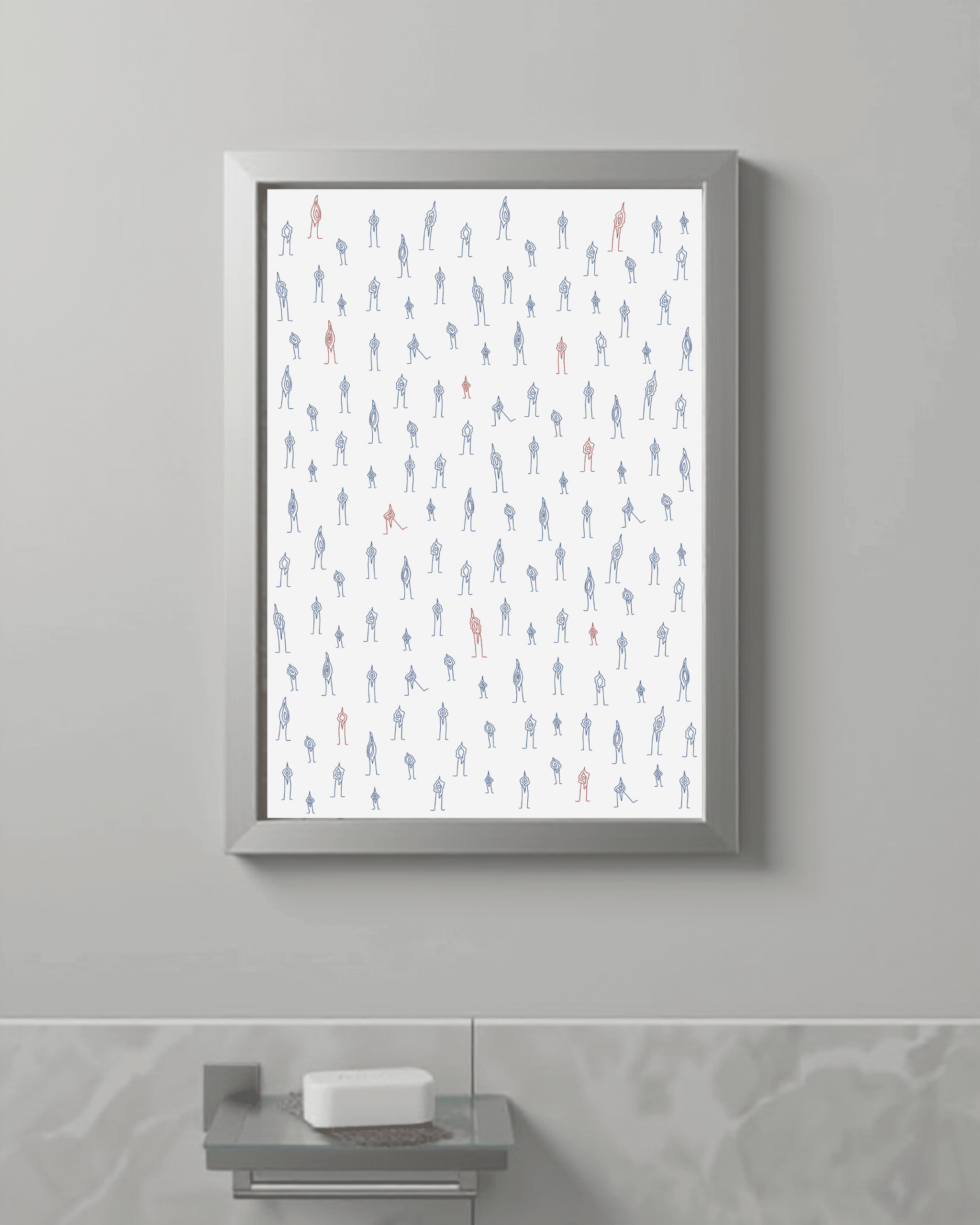 Abstrahierte zahlreiche kleine blaue und rote verschiedene Vaginas. Line Art Stil auf weißem Hintergrund. Kunstdruck gerahmt.
