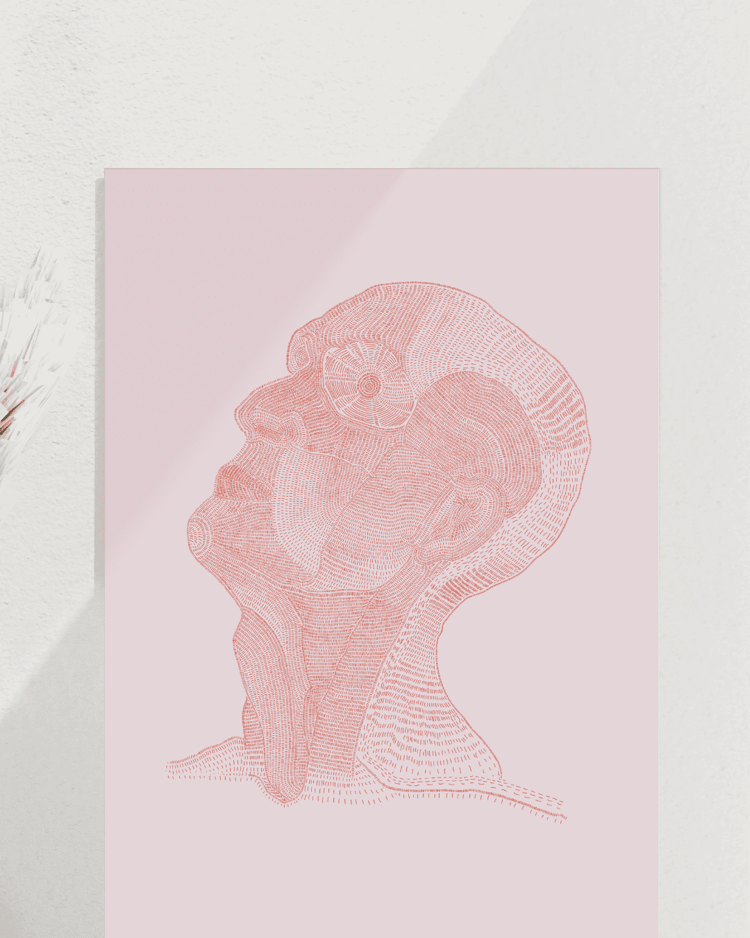 Close Up von rot gestricheltem Kopf auf rosa Hintergrund. Ein echter Kunstdruck.