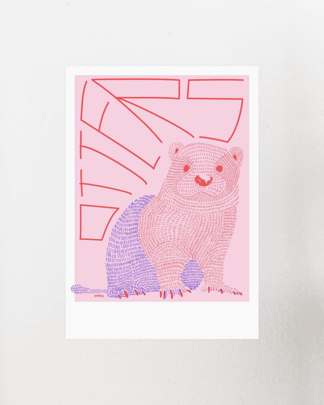 Rot/blau gestrichelter Otter mit dem abstrakt formatierten Text: Otters. Hintergrund rosa. Kunstdruck.