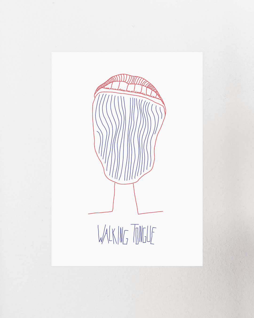 Rot/blau gestrichelter abstrahierter offener Mund, streckt die Zunge raus. Darnter steht: Walking Tongue. Hintergrund weiß. Kunstdruck.